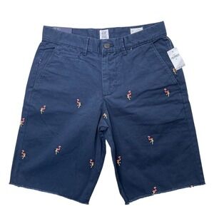 Gap Mens‎ 28 Navy Blue Flamingo Embroidered Raw Hem 10 Inch Chino Shorts